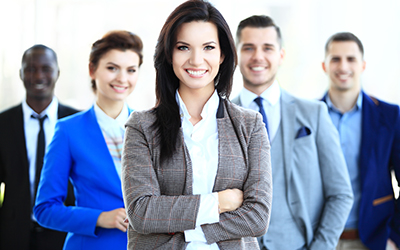 Business leader in front of team